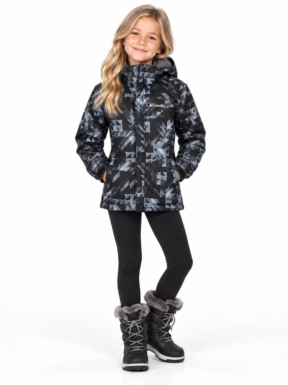 Columbia Girls' Size XS Interchange Black & Gray Patterned Insulated Jacket